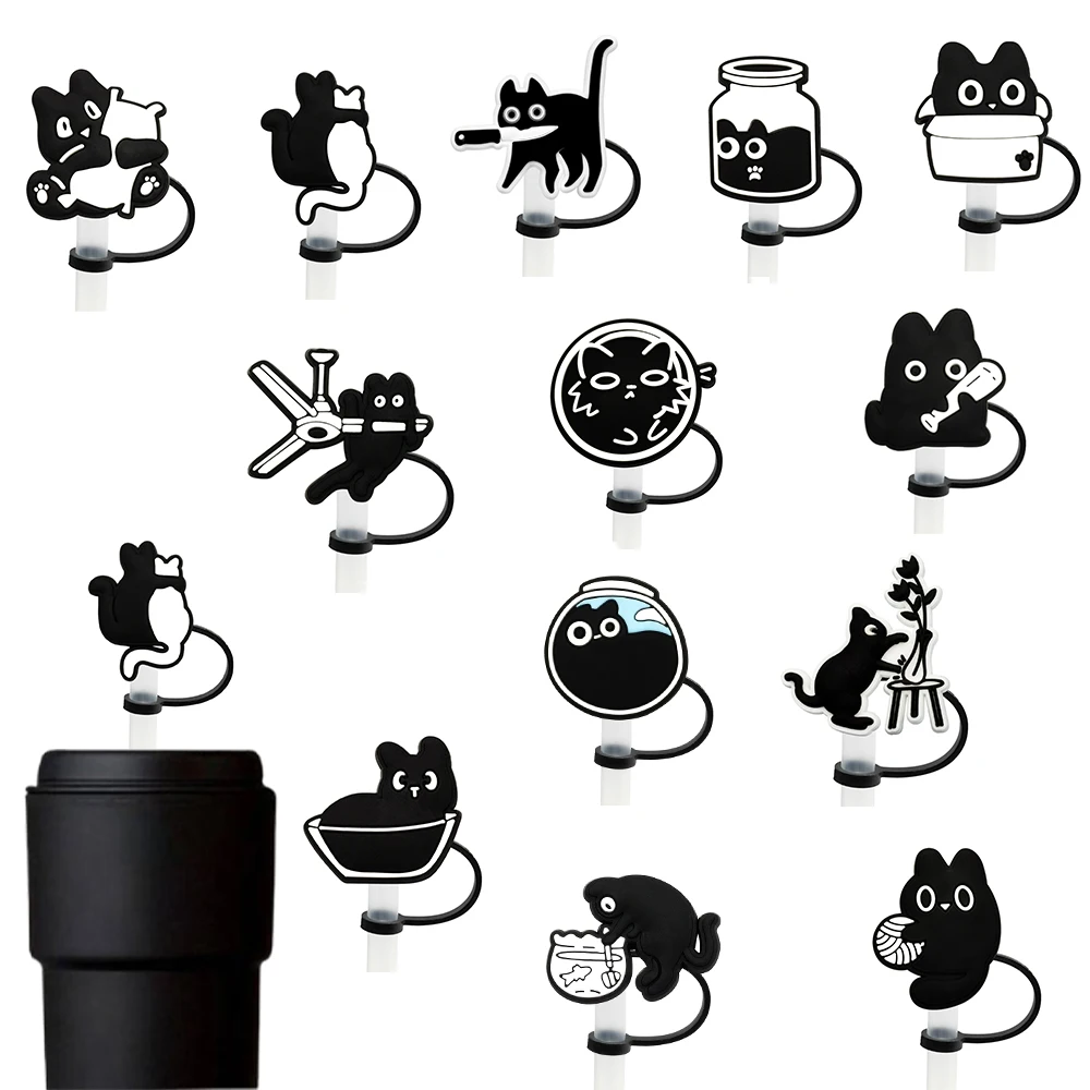 Cute Black Cat Straw Cover Cap for Reusable Drinking Dust Ca