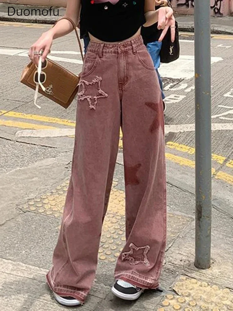 

Duomofu Pink Fashion Star Embroidery Loose Women Jeans Autumn New Chicly High Waist Slim Casual Street Full Length Female Jeans
