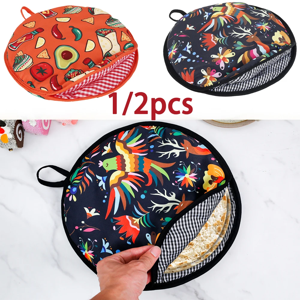 1/2Pcs 12inch Burrito Cloth Bag Portable Tortilla Warmer Pouch Kitchen Microwave-Safe Oven Pouch with Handle for Pizza Bread