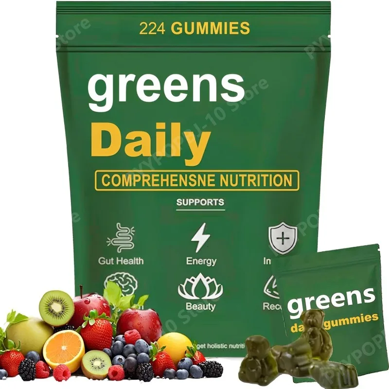 Greens Gummies Organic Chlorella and Spirulina, Digestive & Gut Health Formulated with 60+ Ingredients Multi-Vitamins Minerals