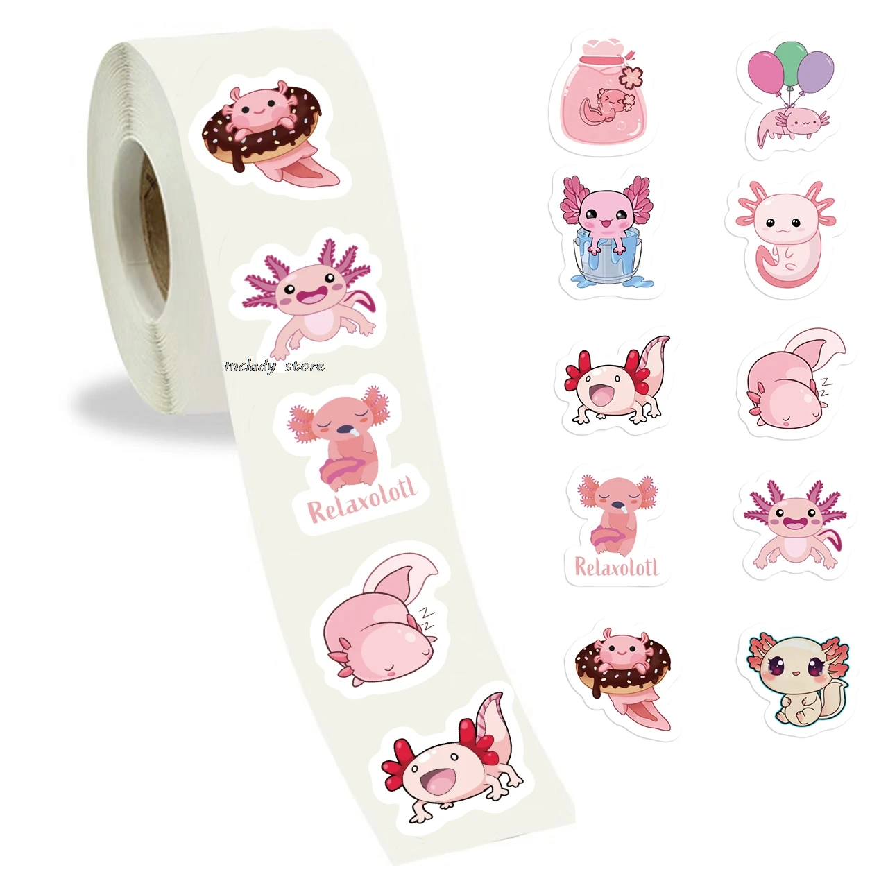 500pc Cute Axolotl Stickers for Children Kids Rolling Animal Salamander Roll Stickers Small Packaging Pack Stickers