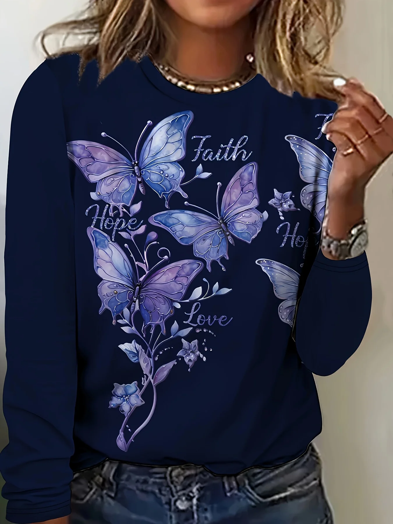 Women's Purple Butterfly Print Sweatshirt Navy Blue Faith Hope Love Long Sleeve Crew Neck Pullover Top
