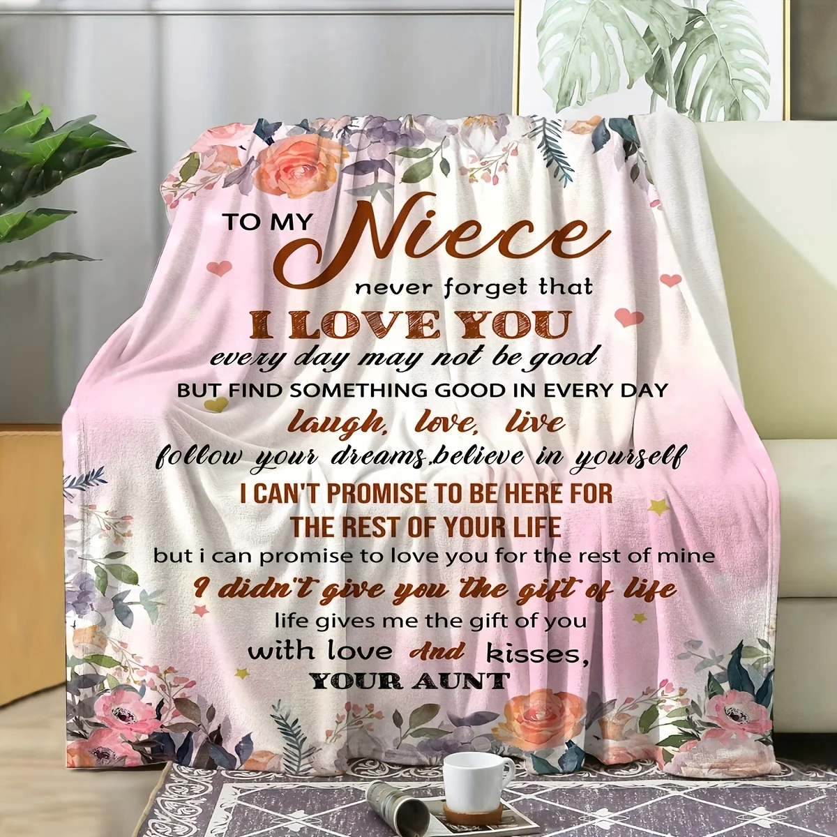1pc Heartfelt Letter to Niece - Soft Flannel Throw Blanket with Floral Design, Contemporary Style, All-Season Comfort for Couch,