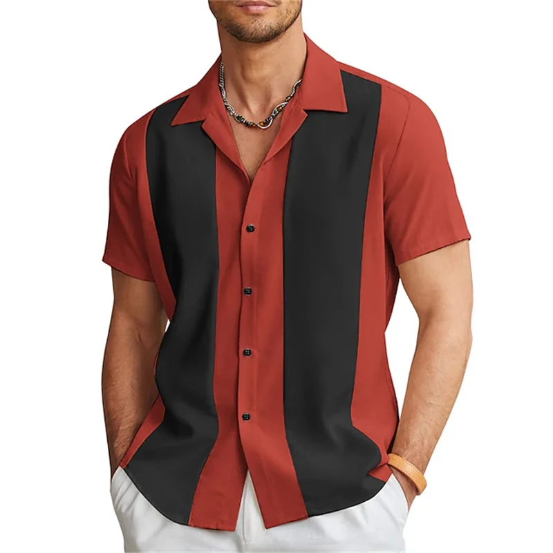 2023 New men\'s shirts Bowling shirts Button shirts Summer casual red short-sleeved color matching lapels Street clothing fashion