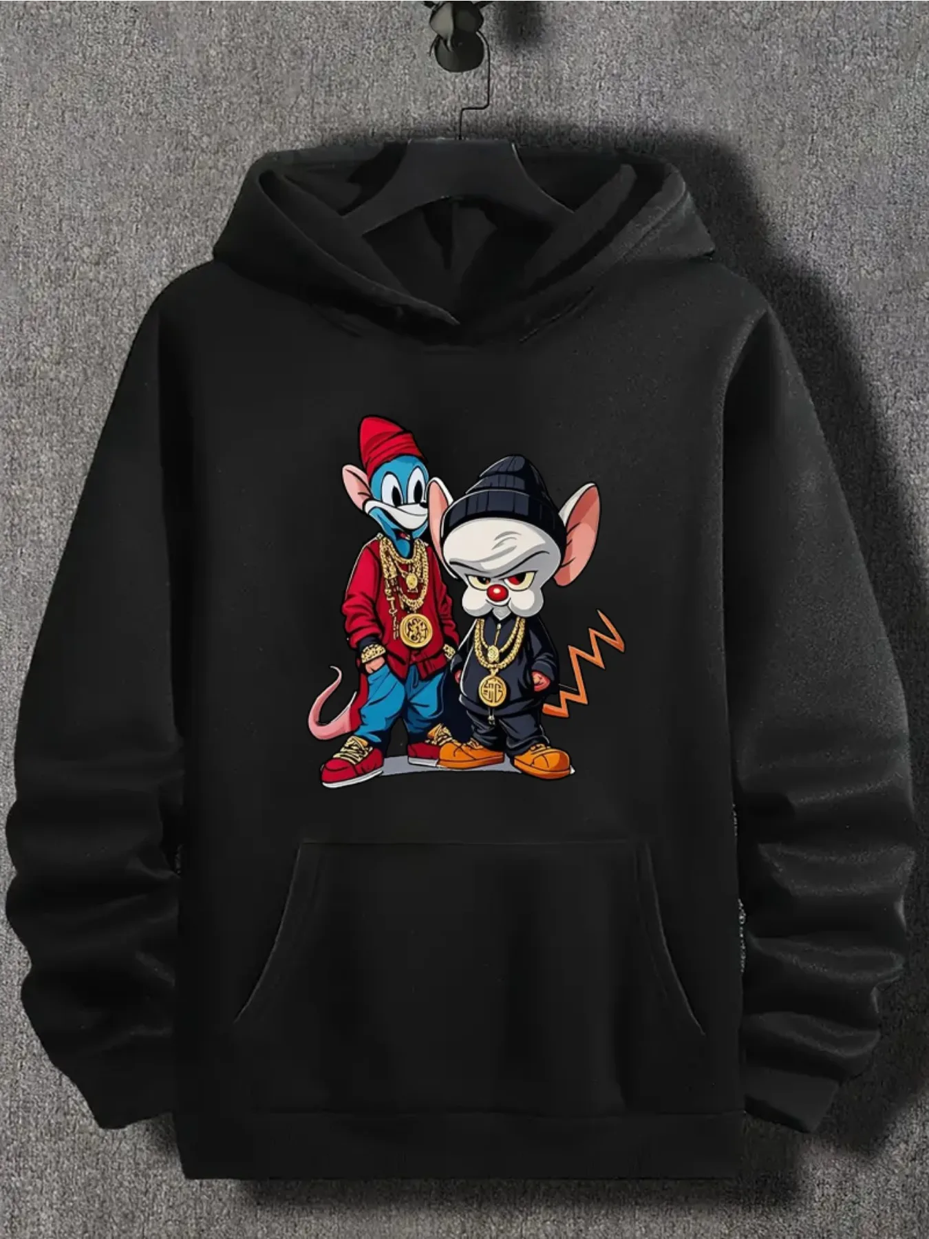 سويت شيرت بقلنسوة بطبعة حيوانات كرتونية للرجال، بلوفر فضفاض بنسبة 50% من البوليستر على طراز الشارع مع جيوب #1