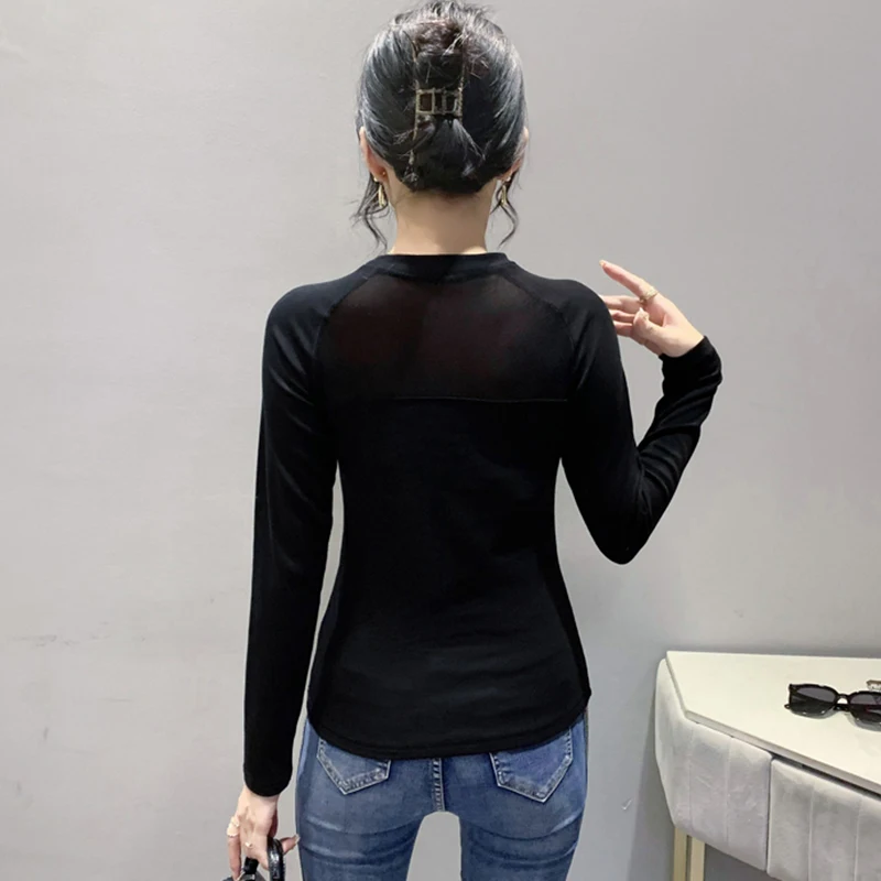 Spring Fall European Clothes Mesh Thin T-Shirt Chic Sexy O-Neck Diamonds Women Tops Long Sleeve 2023 Bottoming Shirt Tees 2112