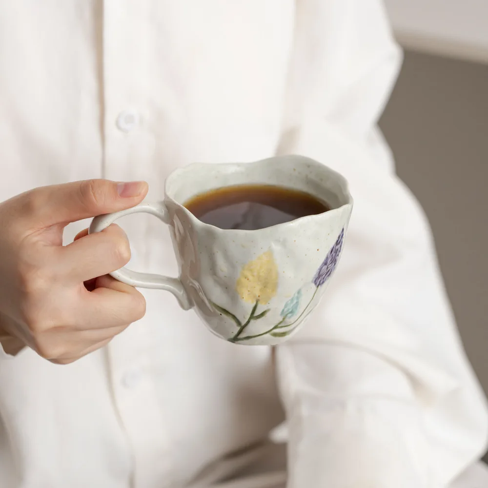 Hand Drawn Tulip Mug, Girls' High-value Artistic Retro Style Coffee Cup, Korean Style Irregular Handmade Specialty Drinking Cup