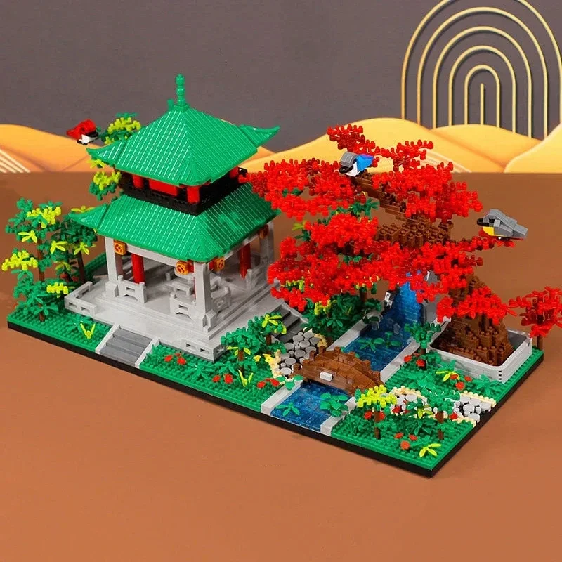 Ancient Chinese Architecture Building Blocks Evening Pavilion Tree Garden Bridge River Model Bricks Toy Gift Desktop Ornament