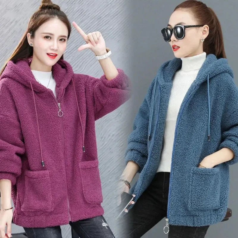 

Women Fleece Hooded Sweater Solid Lamb Cashmere Cardigan Jacket Coat Ladies Casual Plush Autumn Winter Long Sleeve Korean Tops