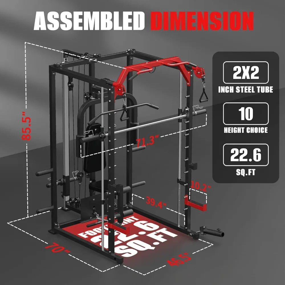 Smith Machine, Power Rack with Pulldown System, Power Cage with Cable System, Squat Rack for Home Gym with Chest Press Machine