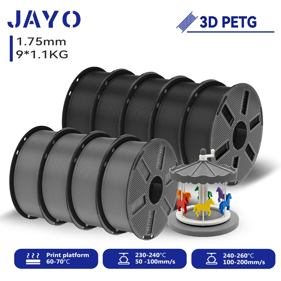 JAYO 9,9 kg 3D PETG/PETG Klares Druckerfilament 1,75 mm ±0,02 mm Hohe Zähigkeit & 100 % ordentlich gewickeltes 3D-Druckfilament, passend für 99 % der 3D-Drucker