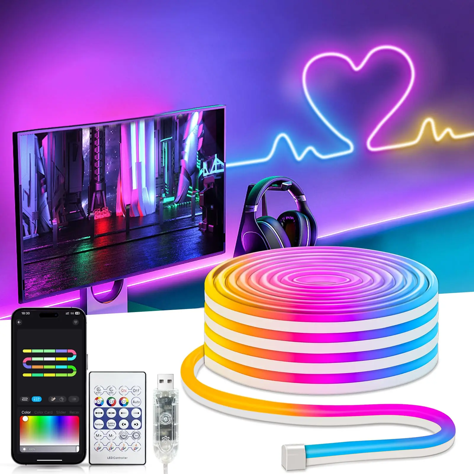 

RGBIC Smart WIFI Neon LED Strip Lights with Chase Effects, Alexa/Google Voice Control,USB Neon Rope Light for Home Party Decor