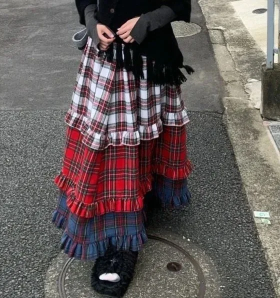 

Kimotimo Vintage Red Plaid Patchwork Gardient Skirt Women 2025 Autumn Sweet High Waist A-line Tierred Ruffle Cake Long Skirts