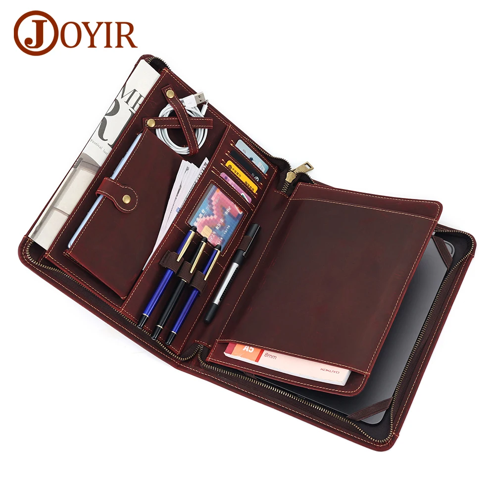 JOYIR Zippered Genuine Leather Business Portfolio Carrying Organizer Business Card Phone Pocket Pen Slots for IPad Tablet Holder