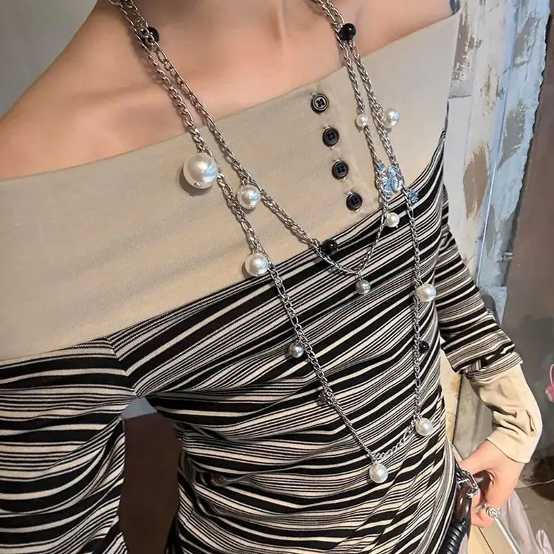 

Korean Contrasting Colors Striped T-shirts Women's Clothing Aura Slash Neck Button Spring Autumn Stylish Off Shoulder Pullovers