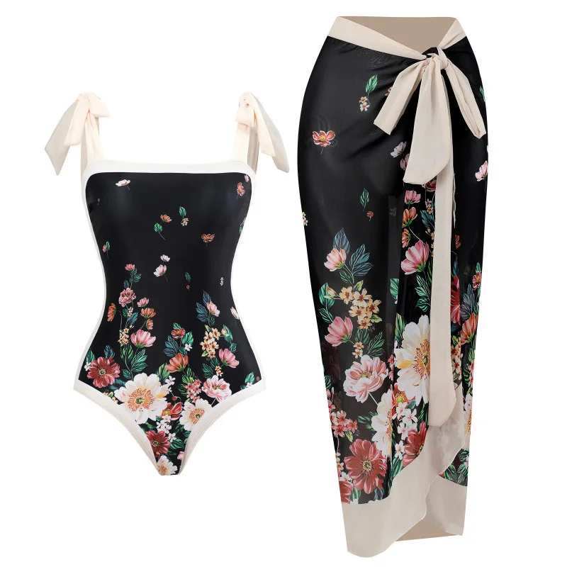 Women Vintage Floral Bow Tie Strap One Piece Swimsuit Matching Sarong Skirt 2PCS Quick Dry UV Protection Elegant Beach Swimwear
