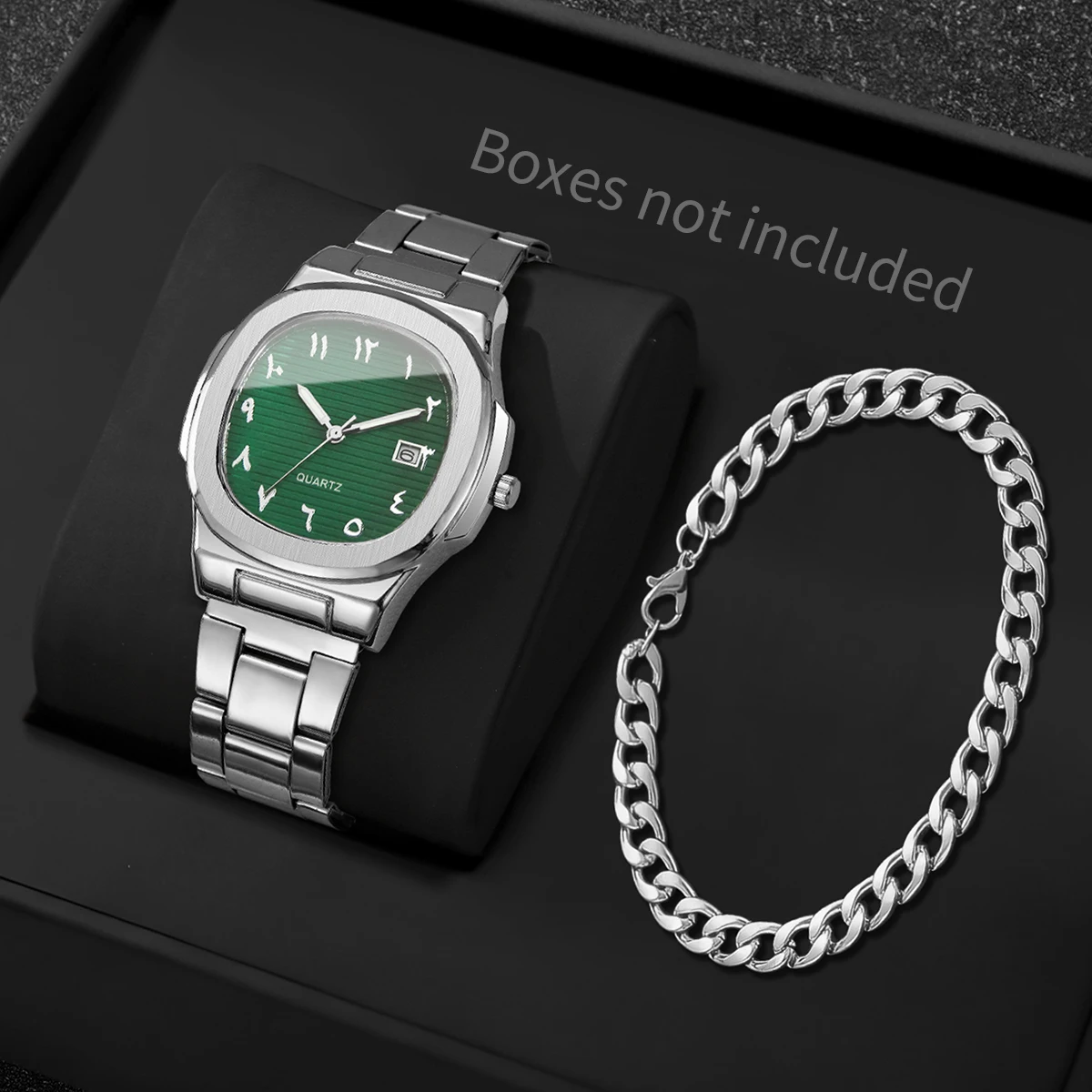 2Pcs/Set Men Watch & Bracelet Set Silver Square Green Dial Quartz Wristwatch with Cuban Chain Bracelet Reloj Hombre（Without Box）