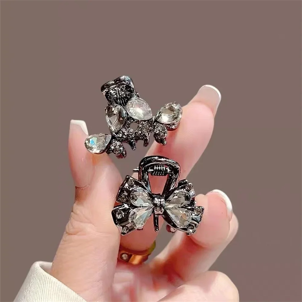 Medium Bow Knot Hair Claw Clip for Women Decorative Accessory with Teardrop Crystals and Micro Rhinestones Gunmetal Tone