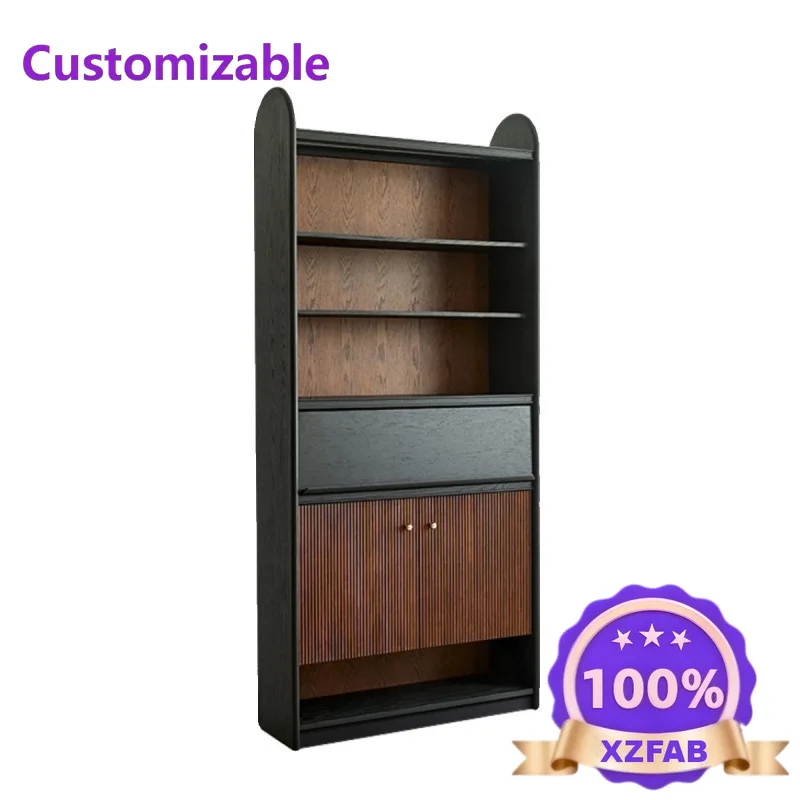 Factory Direct 2026 Nordic retro solid wood bookcase, living room whole wall combination bookcase, medium antique cabinet