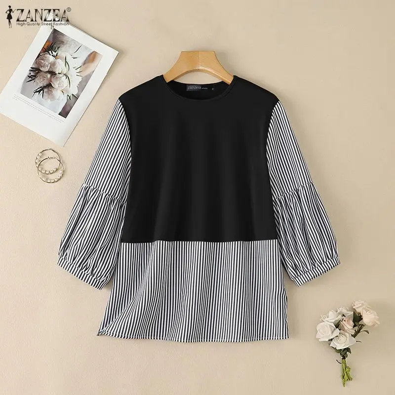 ZANZEA Summer Stripe Patchwork Blouse Muslim Woman Tops Women Casual O Neck 3/4 Sleeve Work Shirt Baggy Blusas Female Mujer 2026