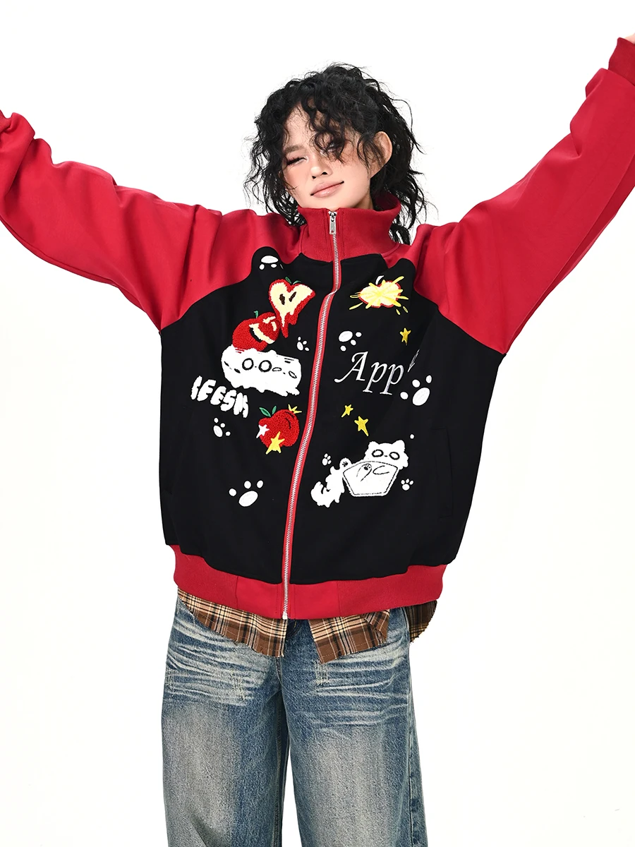 

Красный джат, женская свободная верхняя одежда для пар в американском стиле ретро BF, модное уличное пальто, осень 2021, молодежное повседневное пальто