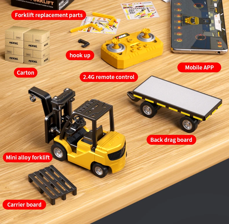 1:64 RC 지게차 2.4G 무선 조종 미니 합금 트럭 엔지니어링 차량 테이블탑 모델 건설 장난감 어린이 성인 크리스마스 선물