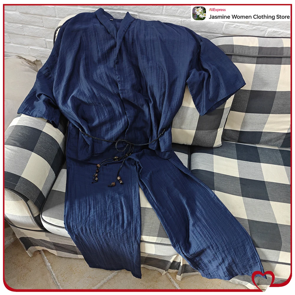 Semi-sheer Wringle Look Pant Sets for Women Wrinkled Effect Semi-sheer Jacket with Beaded Belt Matching Tonal High-waisted Pants