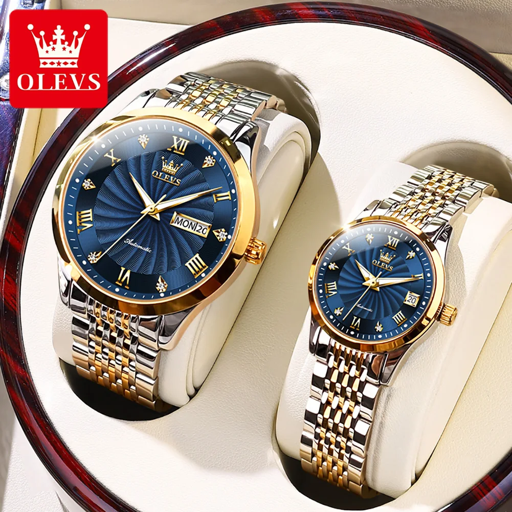 

OLEVS 6630 Automatic Mechanical Couple Watch Luxury Brand Diamond Roman Calendar Whirlwind dial Lover Gift His or Her Watch Set