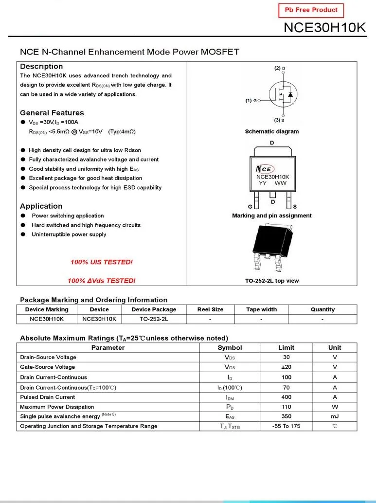 Free Shipping 10PCS  NCE30H10K TO-252-2 DPAK MOS NCE N-Channel Enhancement Mode Power MOSFET 30V 100A