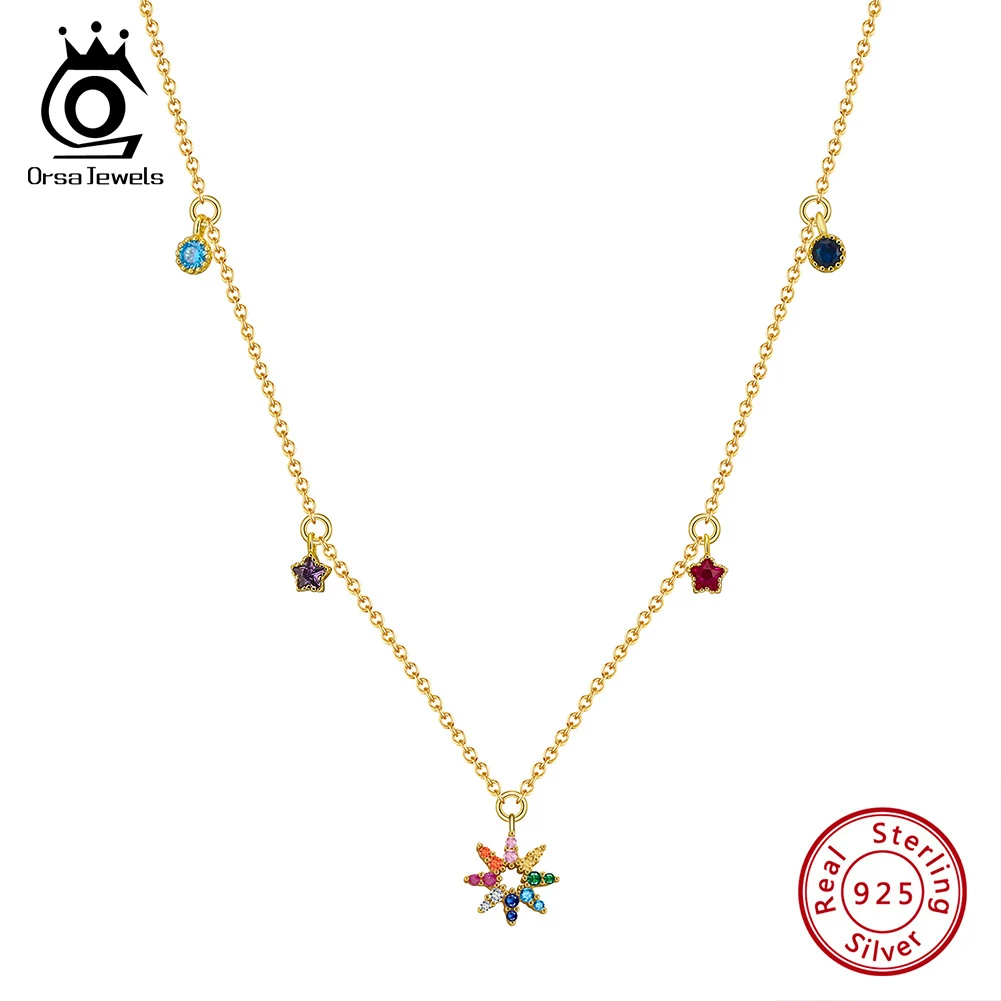 ORSA JEWELS 925 Sterling Silver Chain Necklace with 5A CZ Flower Pendant for Women Multi-Colors Neck Chain Jewelry EQN72