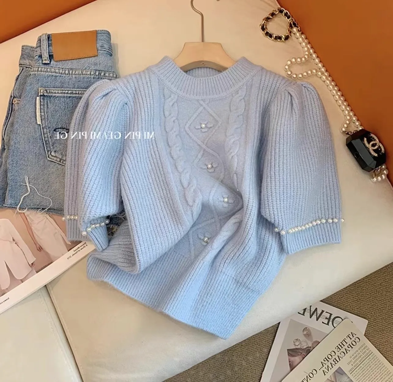 Blue Pearl Beaded Sweater Tshirt Women 2023 Summer Twisted Knitted Elegant Korean Knitwear Tops Short Sleeve O-neck Tees Jumpers