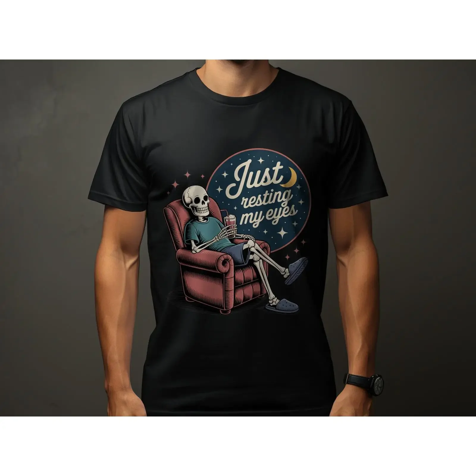 Just Resting My Eyes Funny Skeleton T Shirt Lazy Comfy Lounging Humorous Introvert Casual Apparel vintage Washed Slightly