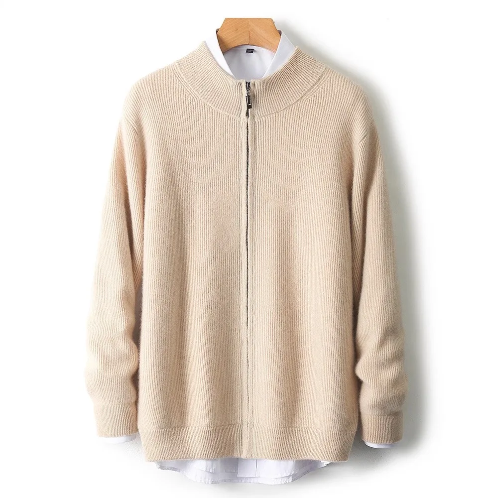 Autumn Winter Men's 100% Wool Knitted Cardigan Sweater High Collar Sweaters Coat