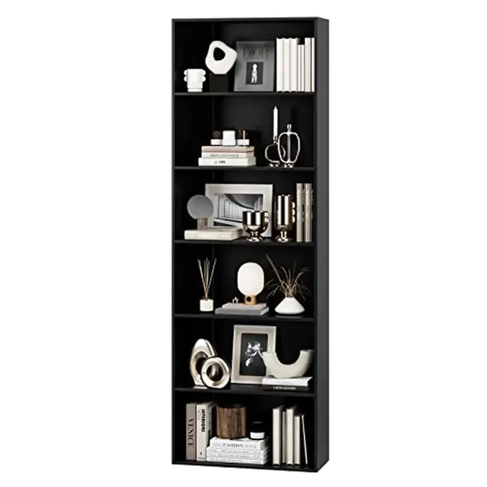 6-Tier Black Bookcase Display Shelves Living Room Bedroom Office Adult Heavy Duty Open Bookshelf Stable Safe Installation Floor