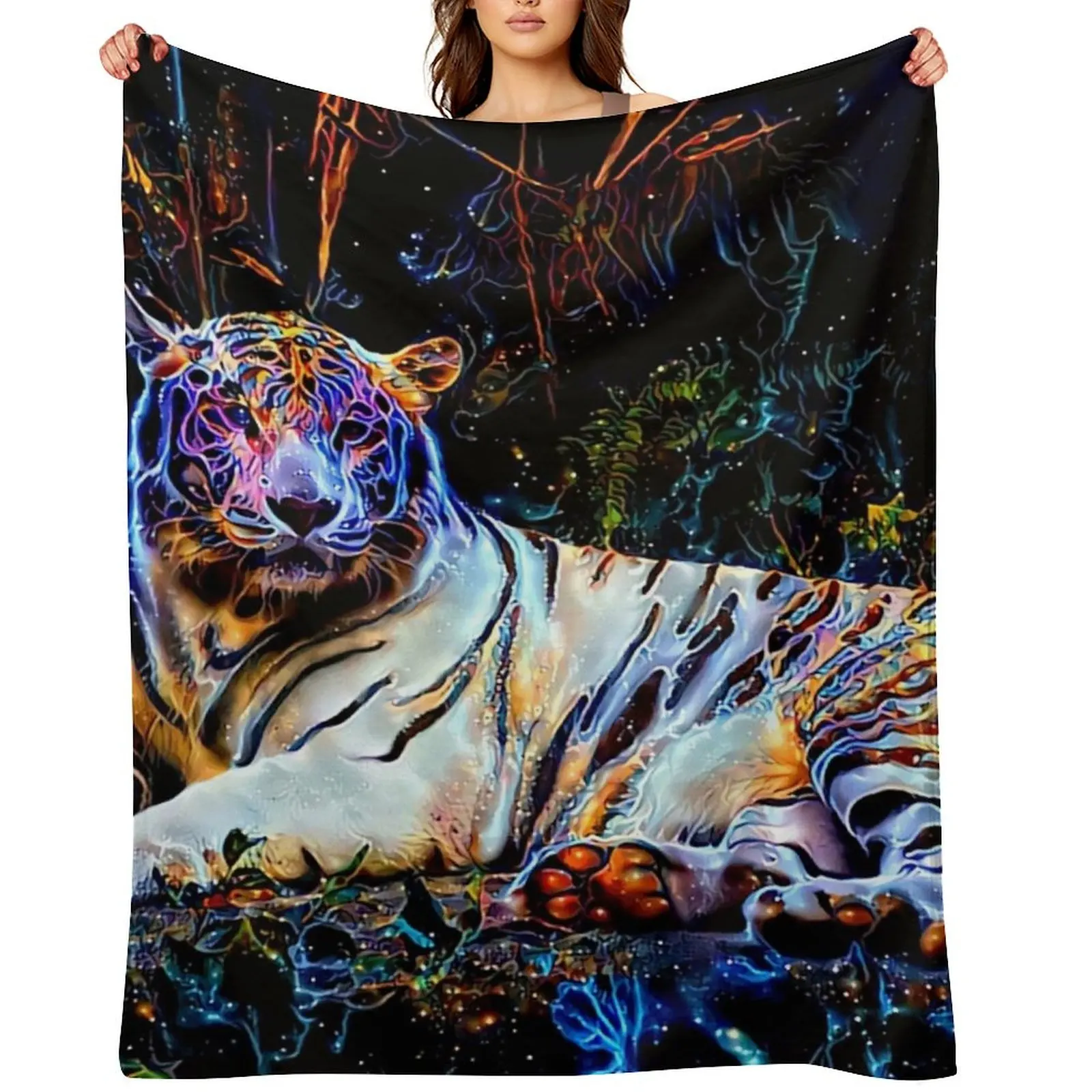 

Dreams of a Celestial Tiger Throw Blanket Polar Personalized Gift Flannel Fabric Custom Blankets