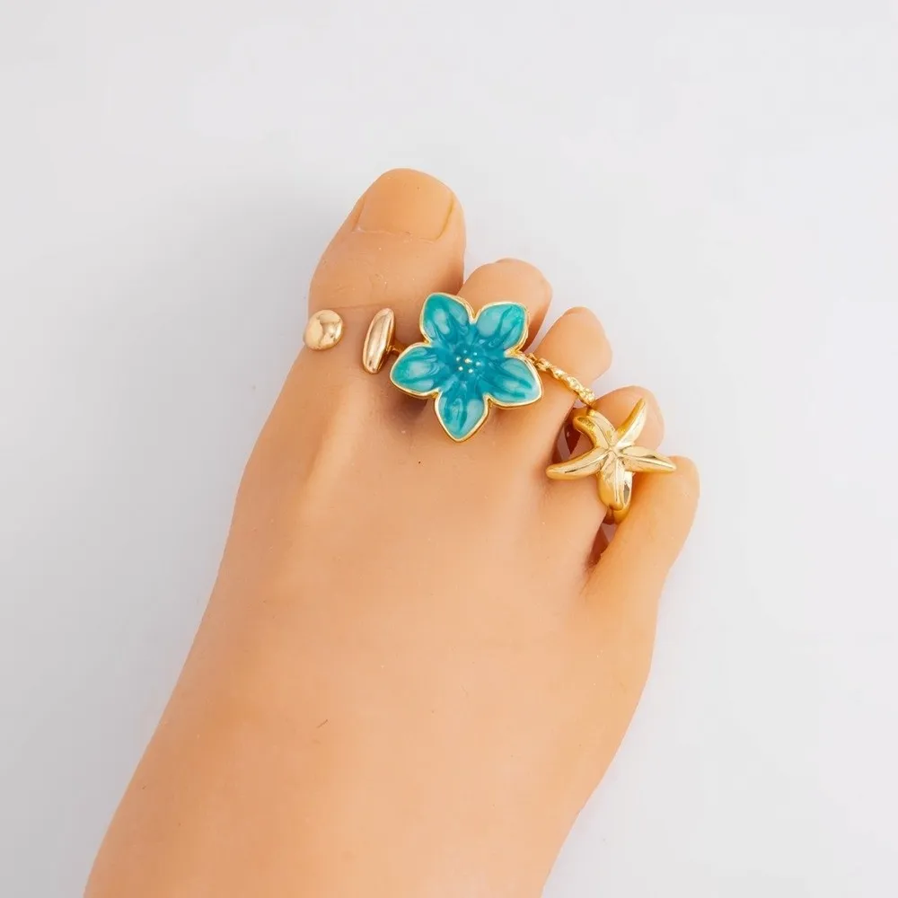 Blue Enamel Toe Ring Jewelry Wrinkle Detail Open Frame Flower Starfish Toe Ring Flower Shape Starfish Form Enamel Toe Ring