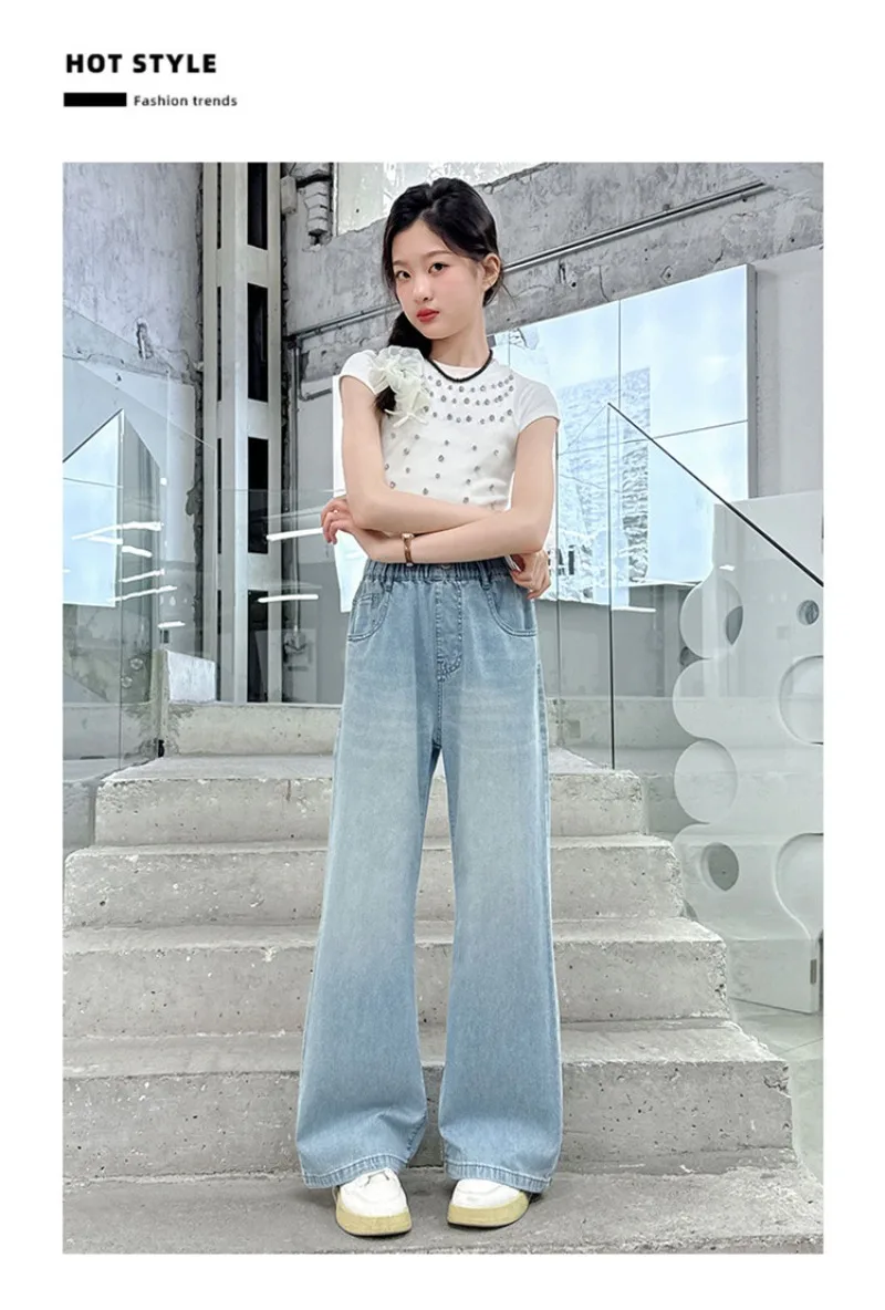 OLEKID Frühlings-Jeans für Mädchen mit Taschen, Kinder-Denim-Hose mit lockerem, elastischem Bund, 4-14 Jahre, Mädchenhose, Babyhose – Detail 6