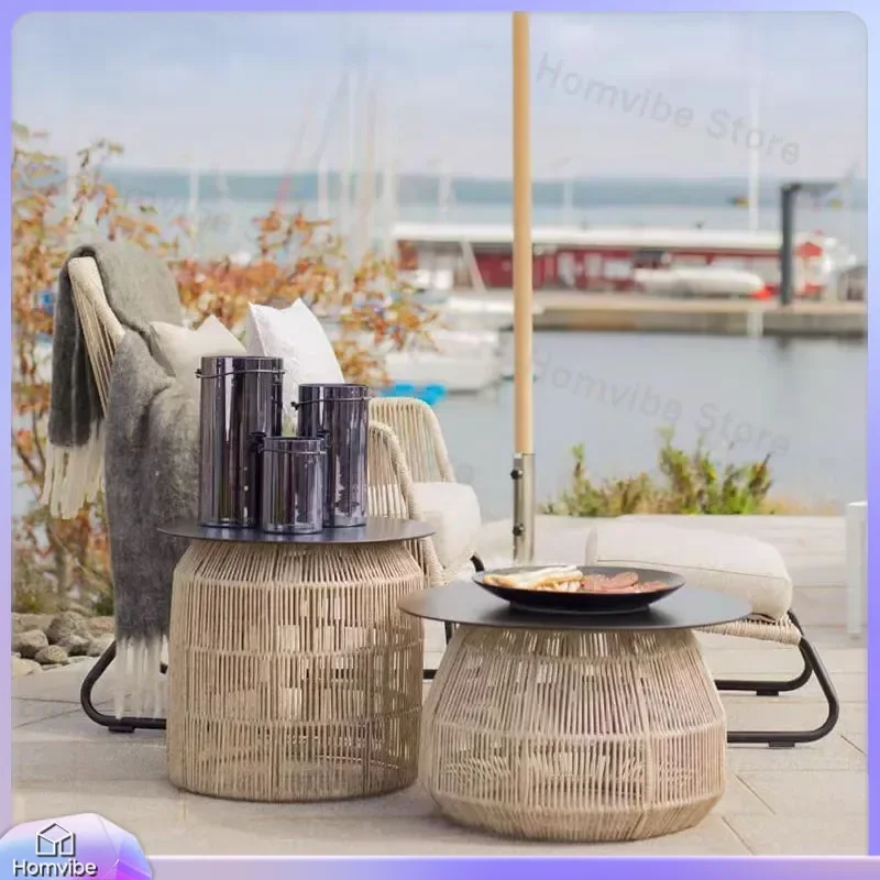 Nordic Outdoor Side Table Round Edge Rattan Coffee Table Small Tea Table for Balcony Patio Garden Furniture Set Casual Corner