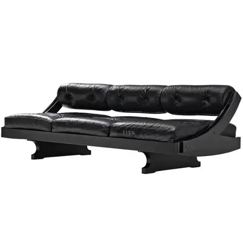 كرسي كلاسيكي من الجلد الطبيعي على الطراز العتيق أريكة Gianni Songia معنقدة بتصميم منتصف القرن أريكة سوداء متعددة المقاعد #6