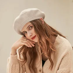 Fashion Design Beret With Sequin Women Autumn Winter Wool Knitted Hat Solid Color Female Retro Classic Beanie Girl Warm Soft Cap