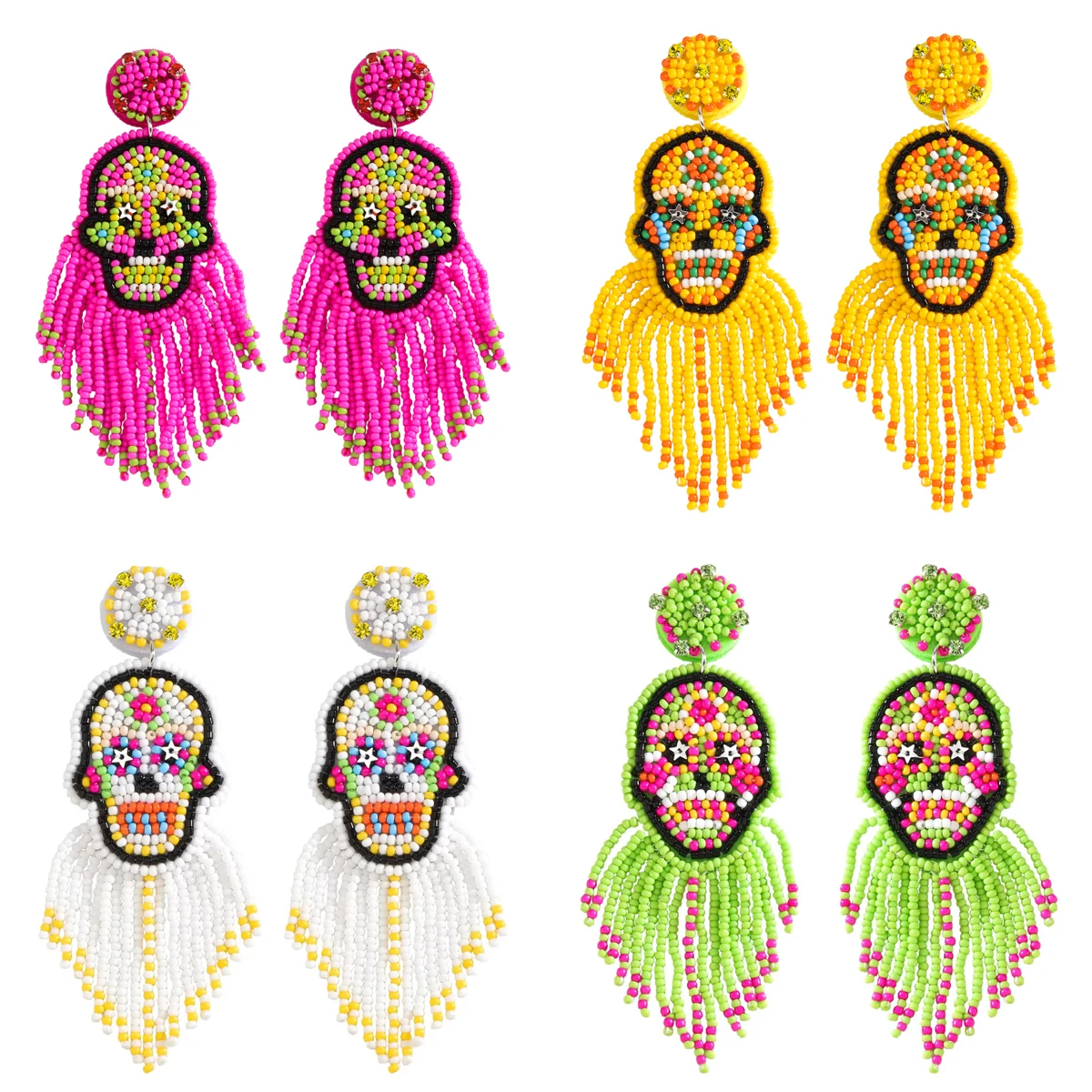 

Boho Carnival Sugar Skull Tassel Dangle Earrings Statement Beaded Earring For Women Girls Dainty Holiday Accessory Party Gifts