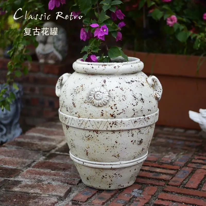 European Rustic Roman Planter for Villa, Antique Iron Flower Pot for Courtyard, Ornate Stone-Like Urn for Entryway Garden Decor