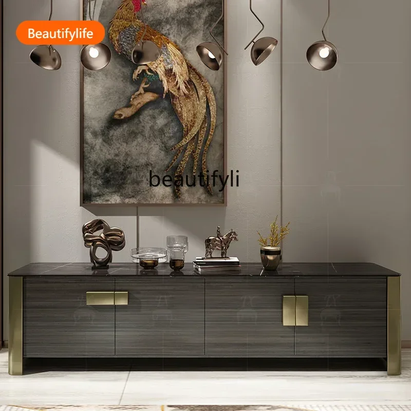 

a13 Post-Modern Light Luxury TV Cabinet and Tea Table Combination Villa Living Room Stone Plate Floor Cabinet Italian Bedroom