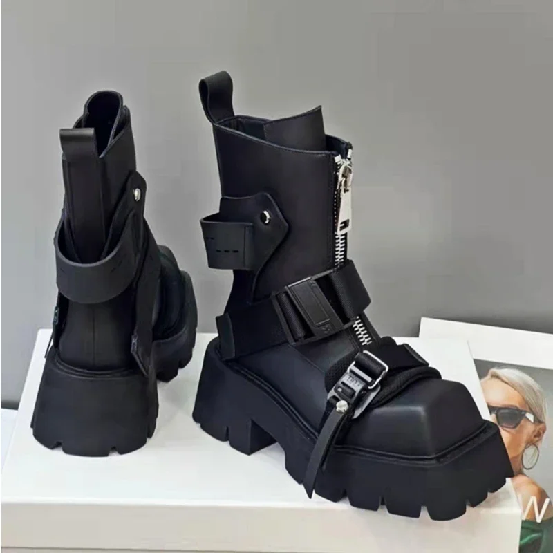 Genuine Leather Boots Women 2024 Tube Platform Boots Belt Buckle Design Cool Biker Botas Square Thick Bottom Head Ankle Boots