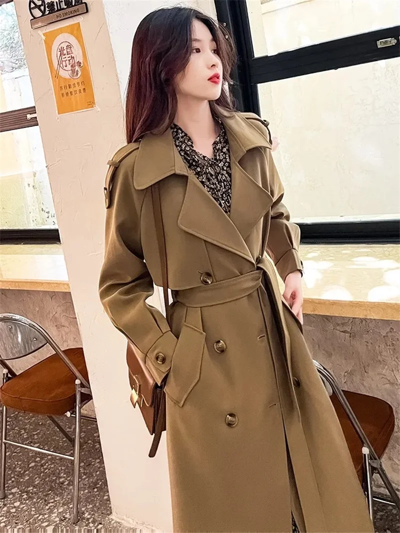 Windbreaker Women's Mid-length 2025 Spring And Autumn New Solid Color Small Popular British Style Coat Over The Knee Coat