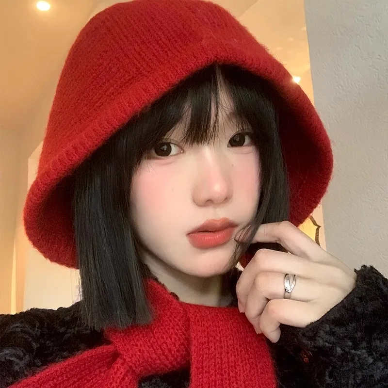 Korean Ins Scarf Integrated Balaclava Hats for Women Autumn and Winter Thickened Warm Versatile Knitted Strap Red Bomber Caps