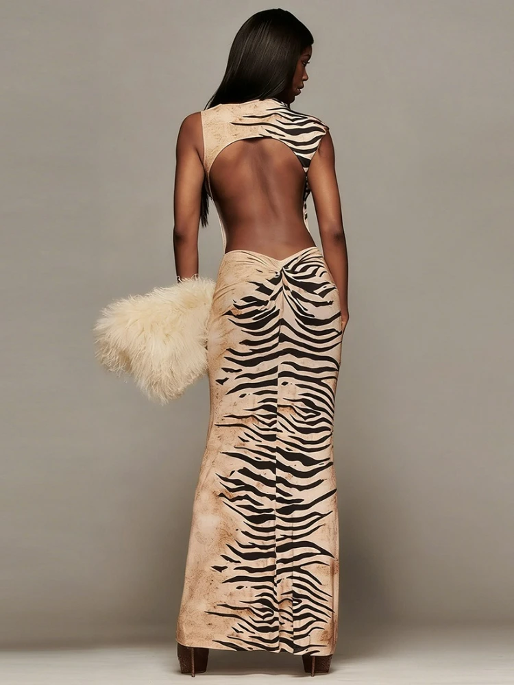 

Элегантное шикарное летнее вечернее платье без рукавов в полоску с принтом для женщин 2026 года, сексуальное облегающее платье с открытой спиной и складками для вечеринок и клубов