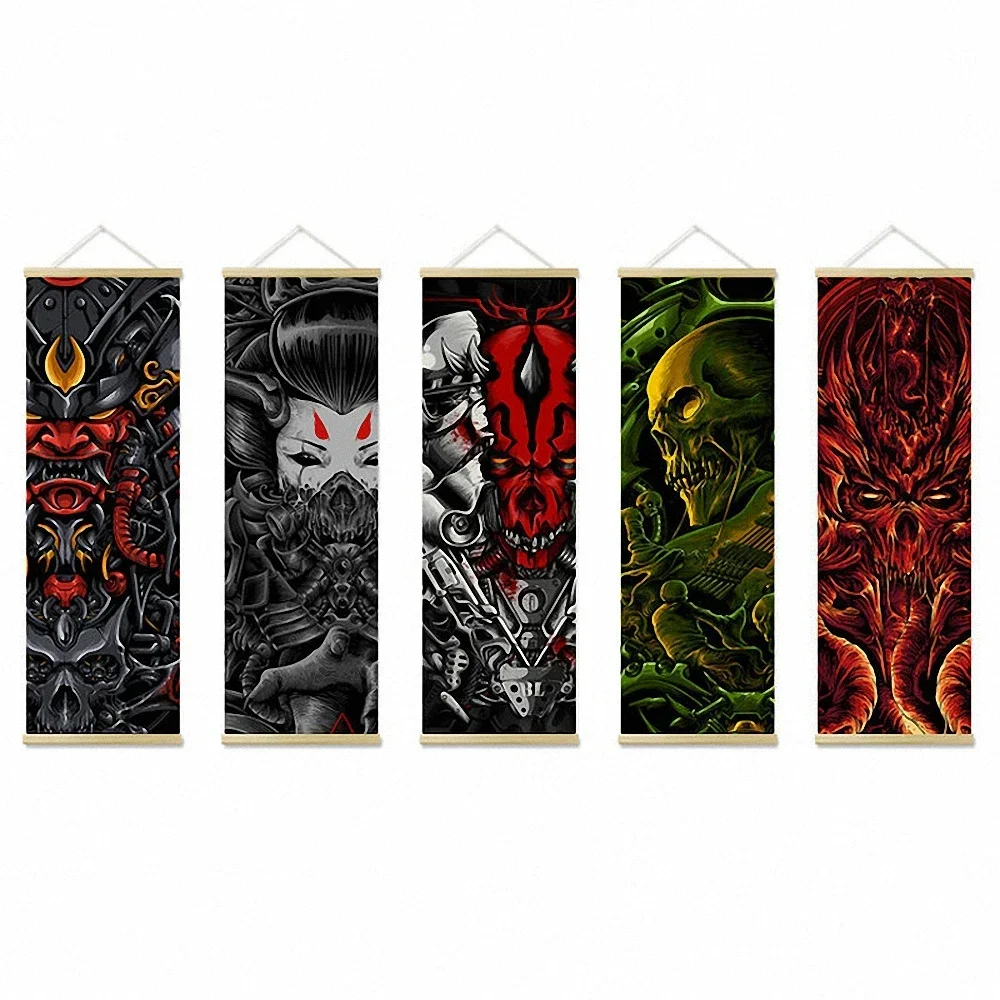 Bushido Posters Artwork for Living Room Bedroom Decoration Japanese Ukiyo-e Samurai Painting Wall Art Solid Wood Hanging Scroll
