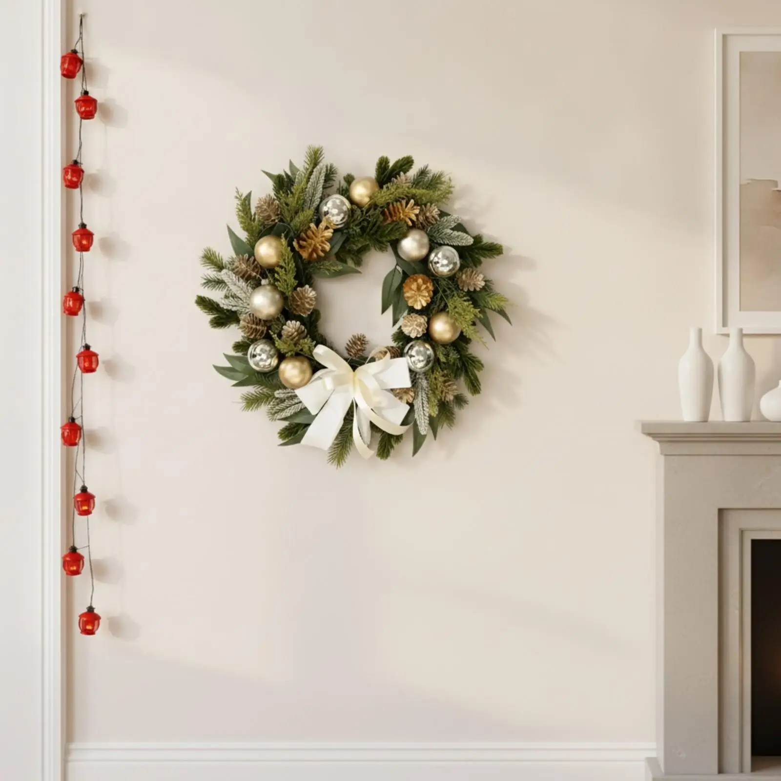 Dimensional Vine Wreath for Holiday Wall Art with Silk Flowers Pinecones and Large Bow