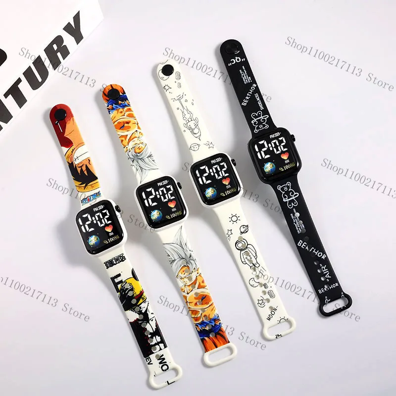 NEW Luffy Dragon Ball Goku Pikachu Cartoon print strap button LED square Waterproof electronic watch boys girls birthday gifts